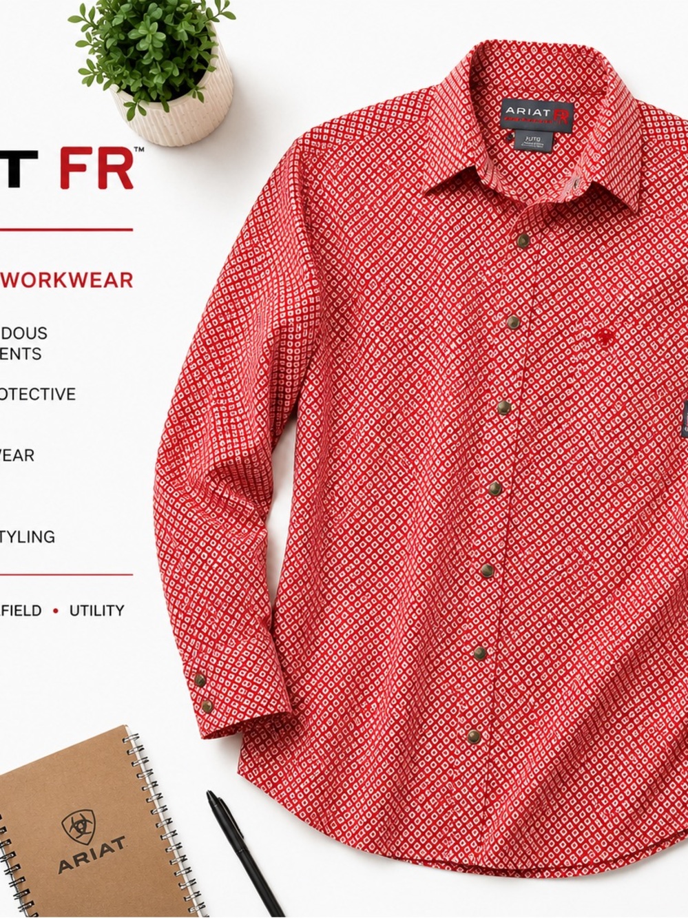 Ariat FR Shirt Mens XL CAT 2 2112 Flame Resistant Red Geometric Work Western